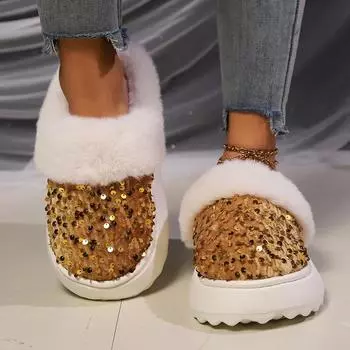 Slippers Women Winter Sequin Slides Platform Warm Plush Flat Cotton Shoes Indorr Non-slip Bedroom Soft Sole Fluffy Slippers 36-37