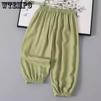 Слипы из ледяного шелка для летней одежды для мальчиков и девочек, защита от комаров, свободная домашняя одежда, длинные брюки, тонкие повседневные брюки 80
