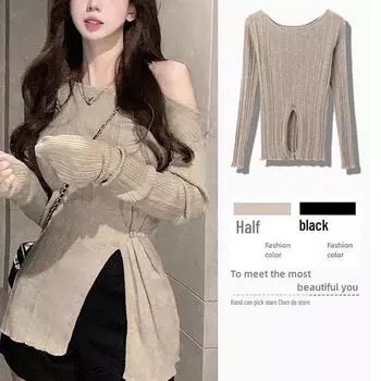 Slit One-Shoulder Knitted Sweater - Sweet, Spicy, Low-Neck Top for Women, Perfect for Spring, Autumn, and Winter. One Size хаки