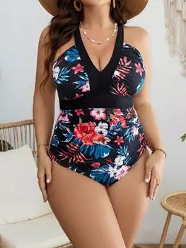 Слитные купальники больших размеров с принтом и v-образным вырезом, сексуальные купальники 2024, женский купальный костюм с контролем живота, купальник с эффектом пуш-ап L чёрный