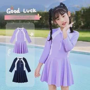 Слитный купальник для девочек с длинными рукавами, скромный корейский стиль для студенток и горячих источников. XL (105-120cm, 36-44 kg)