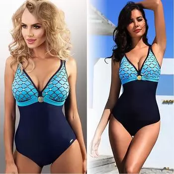 Слитный купальник для женщин с принтом «русалка» и открытой спиной, сексуальный купальник-монокини, глубокий V-образный вырез, пляжный купальный костюм, новое поступление S