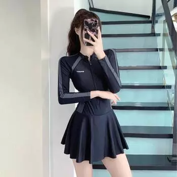 Слитный купальник с длинным рукавом, женский слитный купальник, закрывающий живот, обтягивающий консервативный спортивный купальник S серый