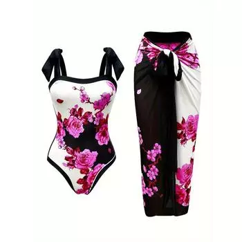 Слитный купальник с защитой от солнца, цветочным принтом и стильной прозрачной юбкой, идеально подходит для пляжа S чёрный