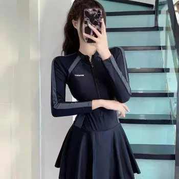 Слитный женский купальник в стиле юбки, консервативный и тонкий купальник с длинными рукавами M