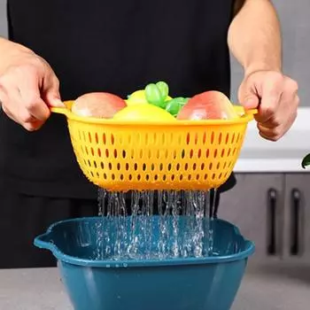 Слив для раковины, двухслойные корзины для слива, ящик для мытья овощей, корзина для мойки, корзина для сушки фруктов, кухонный ящик для хранения 1 жёлтый