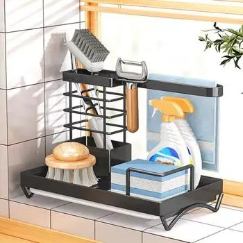 Сливная полка для кухонной столешницы, устойчивая к ржавчине, прочная, несущая многоцелевая стойка для хранения, держатель для губки со съемным сливным поддоном чёрный