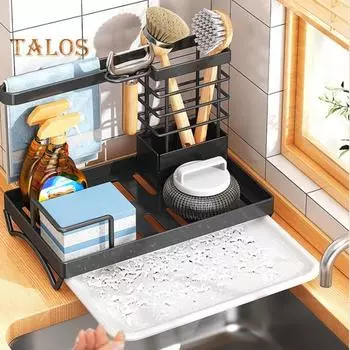 Сливная полка для кухонной столешницы, устойчивая к ржавчине, прочная, несущая многоцелевая стойка для хранения, держатель для губки со съемным сливным поддоном чёрный