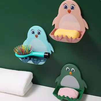 Сливная полка для мыльницы для дома, гостиной, ванной комнаты без перфорации, с маленьким пингвином, настенная, симпатичная, мультяшная, для хранения вещей, модные, простые ювелирные изделия синий