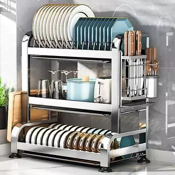Сливная полка из нержавеющей стали, регулируемая многофункциональная сушилка для посуды с сушилкой для столовых приборов, держатель для хранения принадлежностей