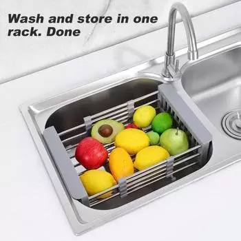 Сливная полка из нержавеющей стали, выдвижная конструкция, большая емкость, устойчивая к ржавчине, устойчивая к коррозии, органайзер для полой сливной полки для кухонной раковины S чёрный