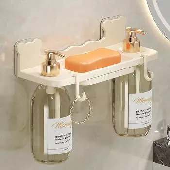 Сливной самоклеящийся держатель для мыла Водонепроницаемая полка для хранения в ванной комнате Подставка для бутылок с шампунем Главная Grey with hooks