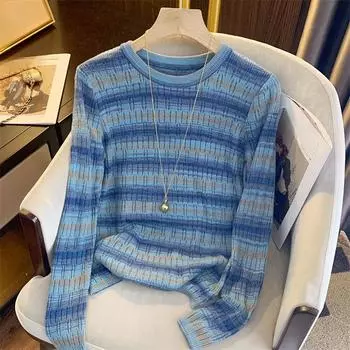 Сломанные дырки, полосатые, мягкие, клейкие, с длинным рукавом, базовая рубашка для женщин, ретро-вязаные пуловеры one size розовый