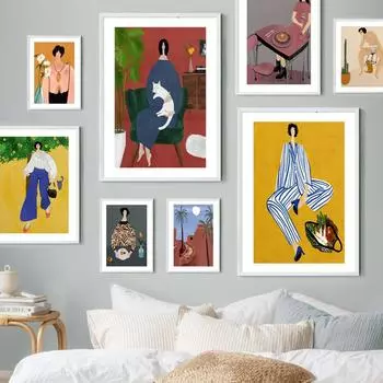 Слон, белая кошка, леди под яблоней, настенная живопись на холсте, постеры на скандинавскую тему и принты, настенные панно для декора гостиной A4 21X30cm No Framed