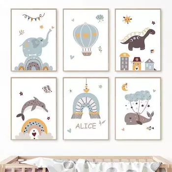 Слон, динозавр, Кит, Дельфин, Радуга, перезвон ветра, настенные художественные постеры, принты, скандинавская картина на холсте, мультяшная картина для детской комнаты 21cm30cm NoFrame