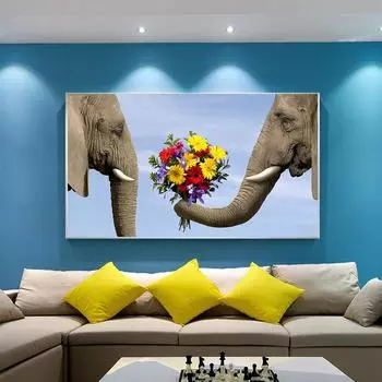 Слон Фото Современное настенное искусство Печать на холсте Плакат Животное Леа Цветок Гора Природа Картина для гостиной Домашний декор Cuadros 21x30cm No Framed
