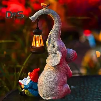 Слон-гном, солнечный светильник, смоляная фигурка слона и гнома для чтения с фонарем на солнечной батарее, водонепроницаемая скульптура для украшения двора и газона Elephant