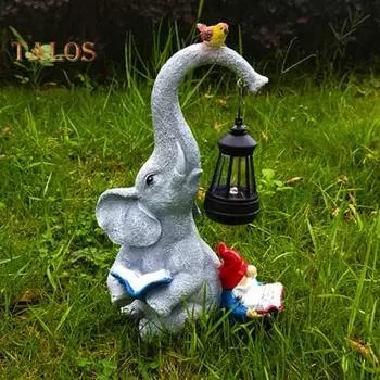 Слон-гном, солнечный светильник, смоляная фигурка слона и гнома для чтения с фонарем на солнечной батарее, водонепроницаемая скульптура для украшения двора и газона Elephant