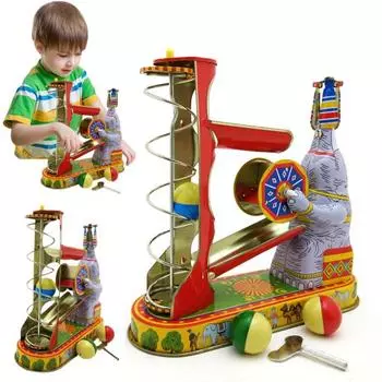 Слон, играющий в мячи, заводная игрушка, винтажный ностальгический вращающийся зонт, катящийся мяч, жесть, слон