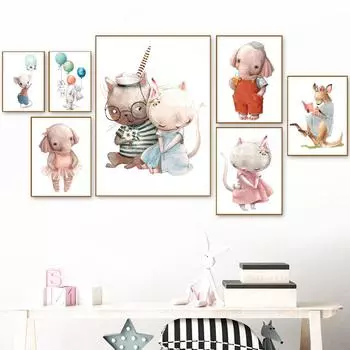 Слон, кролик, воздушный шар, кошка, мышь, кенгуру, цветок, шляпа, холст, живопись, плакаты на скандинавскую тему, принты, настенные художественные фотографии, декор для детской комнаты, без рамки 21*30cm