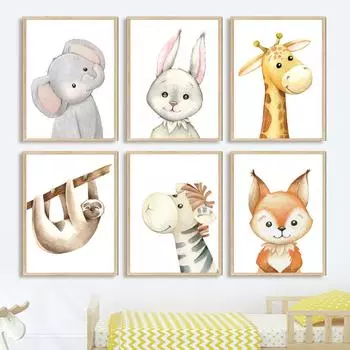 Слон, кролик, жираф, зебра, ленивец, детская настенная живопись на холсте, плакаты на скандинавскую тему и принты, настенные панно, декор для детской комнаты A4 21X30cm No Framed