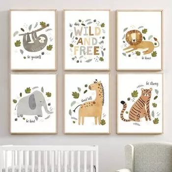Слон, Лев, Зебра, Жираф, Тигр, Джунгли, детская настенная живопись, холст, картина, скандинавский постер, Декор в стиле сканди, фотографии для детской комнаты A4 21X30cm No Framed