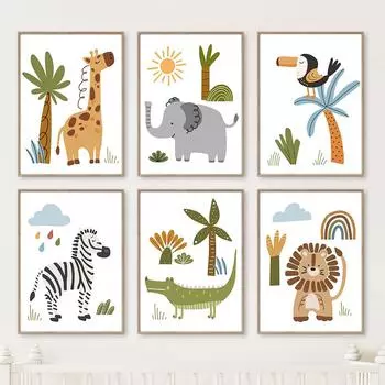 Слон, Лев, Жираф, Тукан, Зебра, детская настенная живопись на холсте, плакаты на скандинавскую тему и принты, настенные панно, декор для детской комнаты A4 21X30cm No Framed