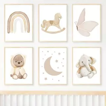 Слон, Медведь, Бабочка, Радуга, Луна, Звезда, детская настенная живопись, холст, живопись, постеры и принты, фотографии для декора детской комнаты A4 21X30cm No Framed