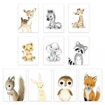 Слон, жираф, белка, лиса, украшение для детской комнаты, животное, холст, живопись, постеры и принты, современный мультяшный лев, енот 21cm30cm NoFrame