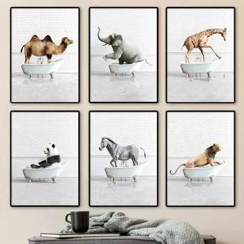 Слон Жираф Лев Панда Ванна Настенное Искусство Скандинавская Гостиная Украшения Дома Художественный Декор Детская Комната Плакаты Холст Картина 21cm30cm NoFrame