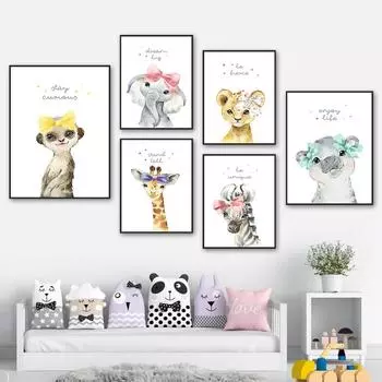 Слон Жираф Лев Зебра Бегемот Ласка Настенная живопись на холсте Плакаты на скандинавскую тему и принты настенные панно Декор для детской комнаты 21cm30cm NoFrame