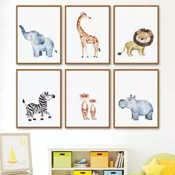 Слон, Жираф, Лев, Зебра, Бегемот, Сурикат, детские постеры и принт, мультяшная настенная живопись на холсте, детская комната, домашний декор A4 21X30cm No Framed