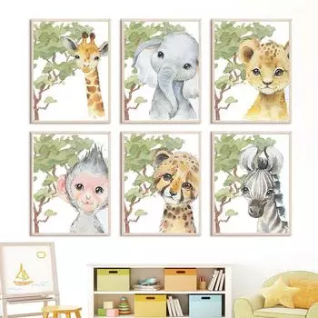 Слон, Жираф, Зебра, Лев, Леопард, Обезьяна, Дерево, настенные художественные постеры, принты, скандинавская картина на холсте, картины с лесными животными, детская комната 21cm30cm NoFrame