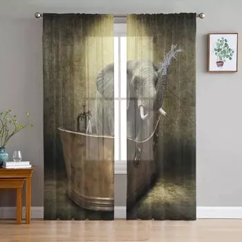Слон животное ретро ванна брызги воды тюль занавеска вуаль прозрачная для спальни гостиная кухня прозрачные оконные занавески W135 x H114cm