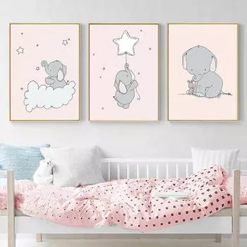 Слоненок, Луна, Звезда, Облако, настенная живопись на холсте, розовые постеры на скандинавскую тему и принты, настенные панно с героями мультфильмов для декора детской комнаты 21cm30cm NoFrame