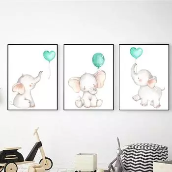 Слоненок с воздушным шаром, настенная живопись на холсте, детские постеры и принты, настенные панно, декор для детской комнаты, без рамки 21*30cm