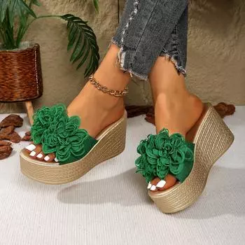 Slope heel beach slippers women s summer 2025 new fish mouth flower comfortable outdoor beach shoes women 35