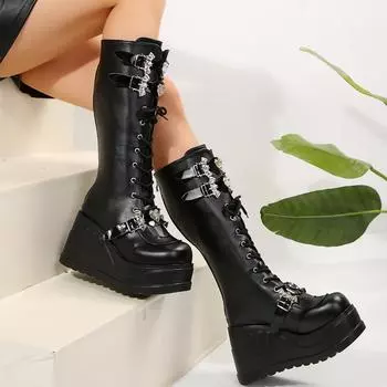 Slope heel Martin boots women s 2025 autumn and winter new large size punk style rivet medium boots women 35 чёрный