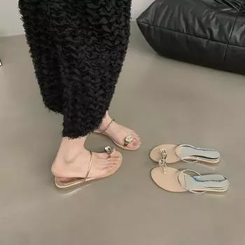 Slope heel pigeon egg rhinestone cover toe cool slippers fairy shoes 2025 new summer wear French beautiful sandals 35 золотой