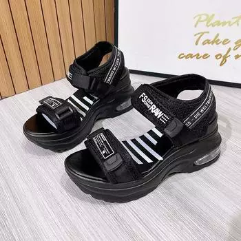 Slope heel platform sandals women s summer new one-word Velcro waterproof table fashionable versatile beach women s sandals 35