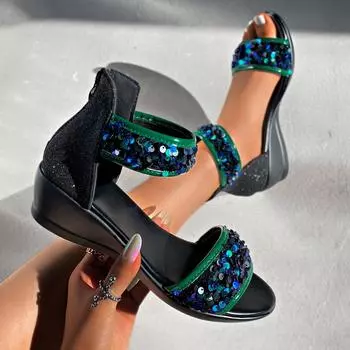 Slope heel Roman sandals women s 2025 summer new round head sequins comfortable foreign trade large size rear zipper women s sandals 36 серебряный