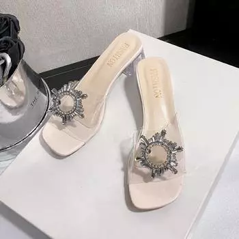 Slope heel sandals summer 2025 new large size cool slippers women s rhinestone transparent Korean version fashion slope heel cool slippers 35