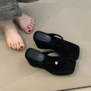 Slope heel thick bottom pinch foot high heel flip-flops women s outer wear summer new vacation beach sandals waterproof table 35