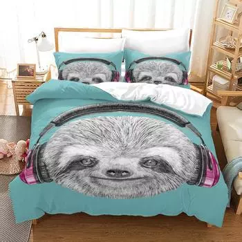Sloth Duvet Cover Set DJ Sloth Portrait with Headphones Funny Character Cool Smiling 3 Piece Polyester Bedding Set King Queen 70x133cm 2pcs
