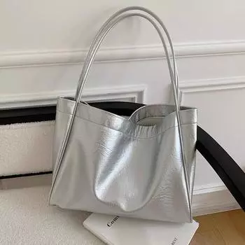 Slouchy Big Bag with Retro High-capacity Tote Bag Niche Single Shoulder Commuter Bag серебряный
