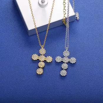 Slovecabin 925 пробы стерлингового серебра длинная цепь D-образный крест цветы кулон ожерелье с прозрачным фианитом корейские женские роскошные ювелирные изделия бренда 50cm золотой