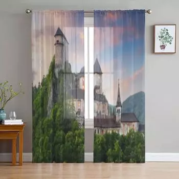 Словакия Замок на закате Тюлевые прозрачные шторы для гостиной, спальни, кухни, украшения, вуаль, шторы из органзы 135W x 114H(cm)