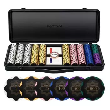 SLOWPLAY Nash Clay Poker Chip Set 14g Texas 500 Pieces Chip Прочный поликарбонатный футляр Подарок для игроков в покер Холдем [Включает стоимость]