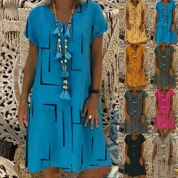 Сложенная линия печати Свободное пуловерное платье принцессы с V-образным вырезом Женское платье L армия зеленый