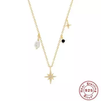 Сложенное серебро 925 пробы, восьмиугольная звезда, бриллиант специальной формы, дизайн с жемчугом, женское ожерелье-цепочка для ключицы 925 Silver золотой